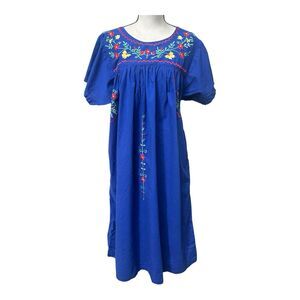 Vintage NAQUI Blue Embroidered Cotton Caftan Dress M Made in Pakistan Boho Mumu